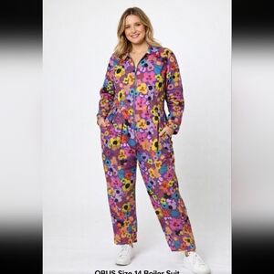 OBUS‎ Floral Boiler Suit Jumpsuit Sz 14 Retro Artsy Zip Front One-Piece Colorful